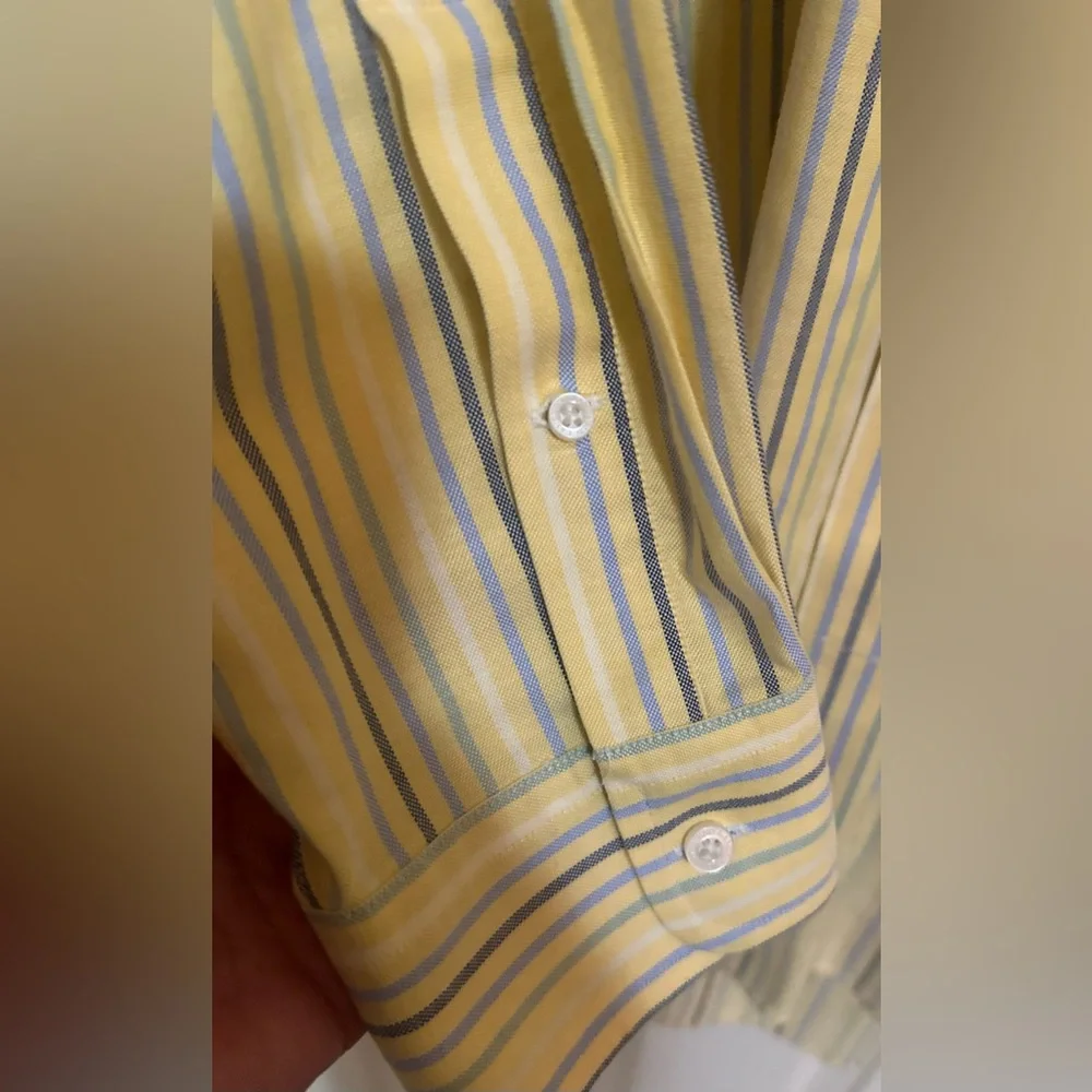 NWOT Men’s LAND END Supima‎ Non Iron Oxford Yellow Striped Dress Shirt. 17.5-34.